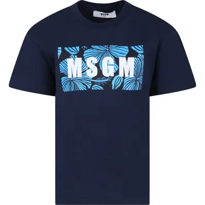 Msgm Kids' Blue T-shirt For Boy With Logo