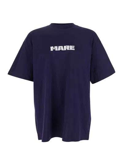 MSGM BLUE T-SHIRT WITH PRINT ON THE FRONT AND LOGO ON THE BACK
