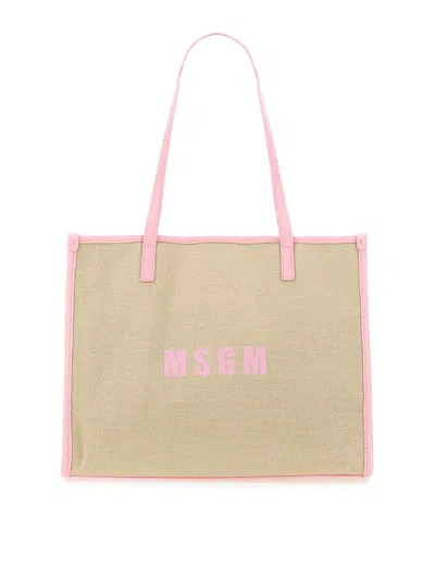 Msgm Tote Bag With Logo In Nude & Neutrals