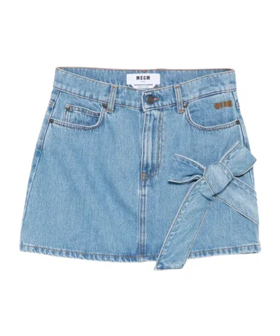 MSGM BOW-DETAIL DENIM MINI STRAIGHT SKIRT