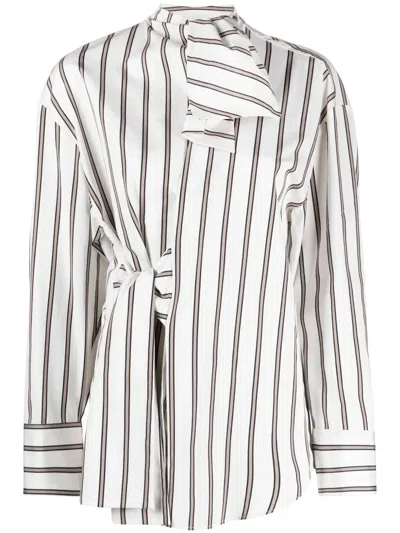 Msgm Bow-detail Striped Shirtdress In Neutrals