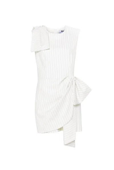 Msgm Bow Detailed Pinstriped Mini Dress In White