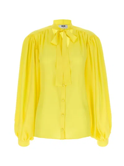 Msgm Bow Neck Shirt With Pleated Shoulders In Yellow