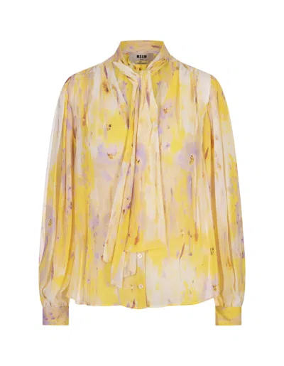 Msgm Bow Shirt In Georgette With Artsy Flower Print In Yellow