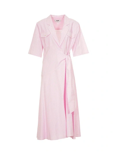 Msgm Bowed Waistline Poplin Midi Dress In Pink