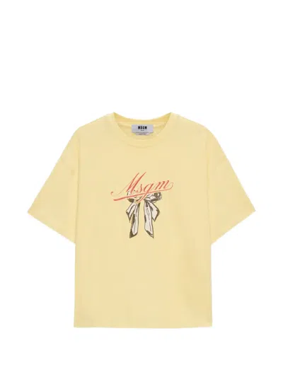 Msgm Bow-graphic Shirt-sleeve T-shirt In Yellow