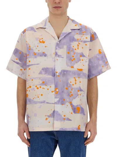 Msgm Bowling Shirt With Unique Dripping Camo Print In Purple