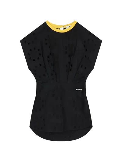 Msgm Broderie Anglaise Logo-detail Cotton Dress In Black