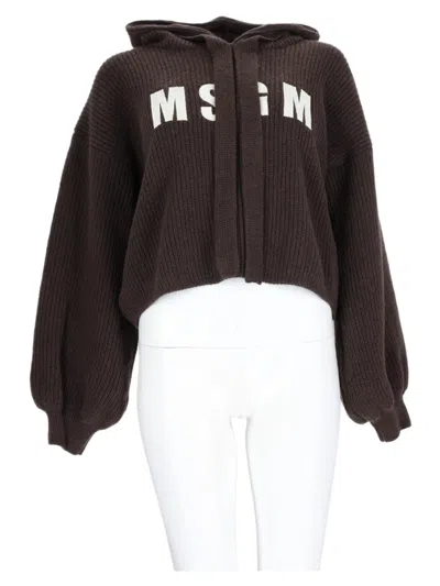 Msgm Brown Hooded Graphic Lettering Wool-blend Sweater