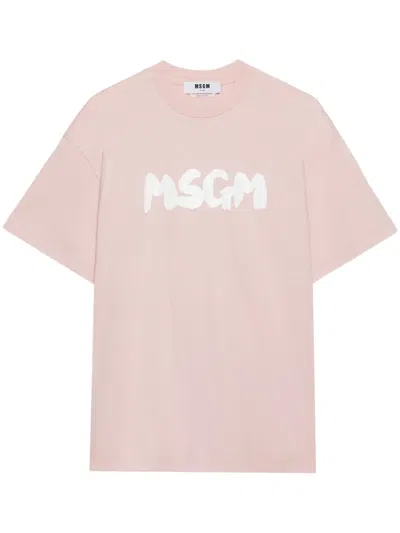 Msgm Brushed-logo Cotton T-shirt In Pink
