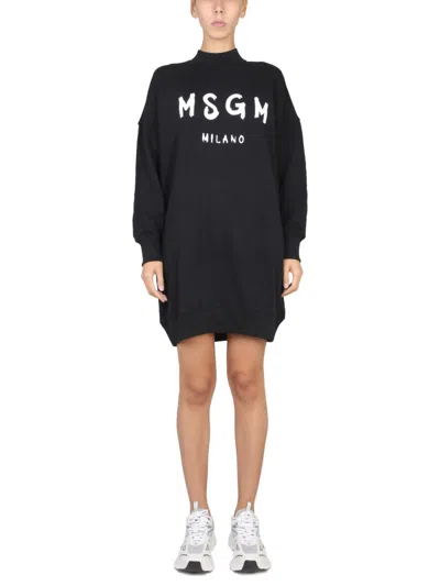 Msgm Brushed Logo Dress In Black