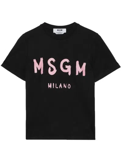 Msgm Brushed Logo Print T-shirt In Black