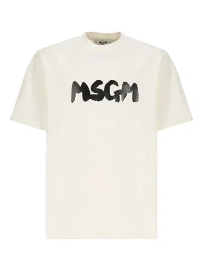 Msgm Brushstroke Logo.-print T-shirt In White