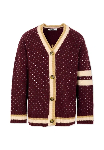 Msgm Kids' Burgundy Cardigan For Girl With Studs