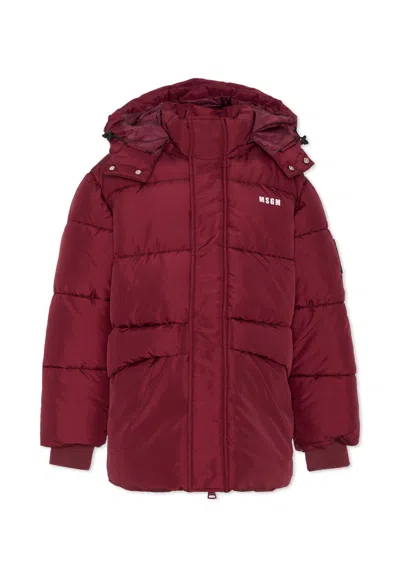 MSGM BURGUNDY DOWN JACKET FOR KIDS WITH LOGO