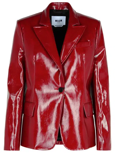 Msgm Single Breast Patent Jacket In Red