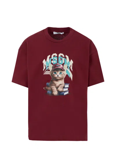 Msgm Kids' Burgundy T-shirt For Girl With Cat