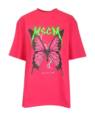 Msgm Butterfly Printed Big Profile T-shirt In Pink