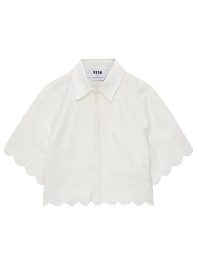 Msgm Delicate Eyelet Cropped Shirt With Scalloped Hemline In White