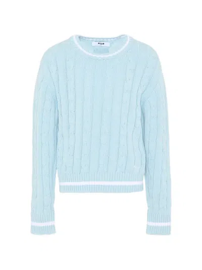 Msgm Kids' Cable-knit Crew-neck Sweater In Blue