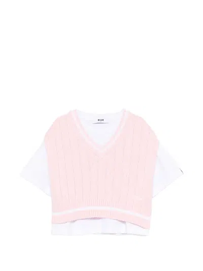 Msgm Kids V-neck Cable-knit T-shirt In Pink