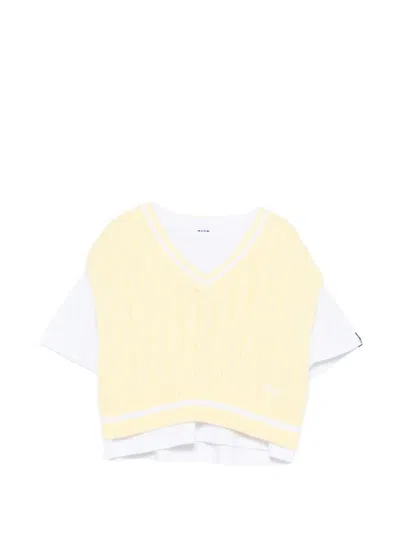 Msgm Cable Knit V-neck T-shirt In Yellow