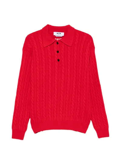 Msgm Cable-knit Polo Sweater In Red