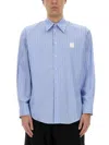 Msgm Logo Cotton T-shirt With Striped Cuffed Sleeves In Azure