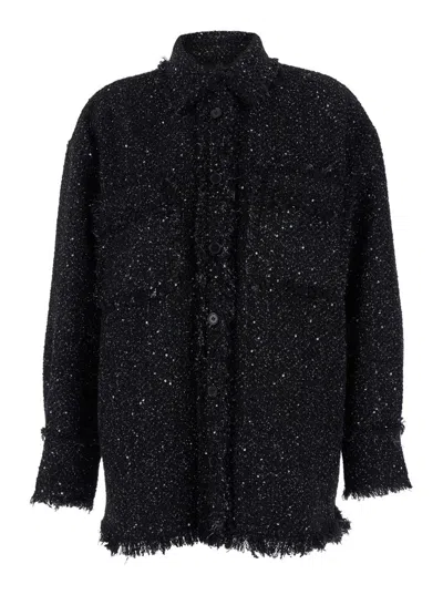 Msgm Black Shirt With All-over Multicolor Sequins In Heavy Fabric Woman