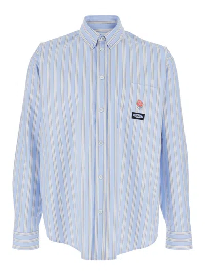 MSGM LIGHT BLUE SHIRT WITH ALL-OVER STRIPED MOTIF AND LOGO ON THE FRONT IN COTTON MAN