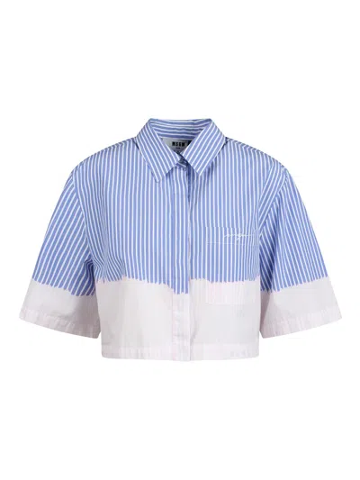Msgm Short Sleeve Crop Shirt In Poplin In Blue