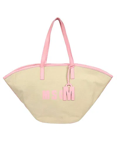 Msgm Canvas Tote Bag In Sand