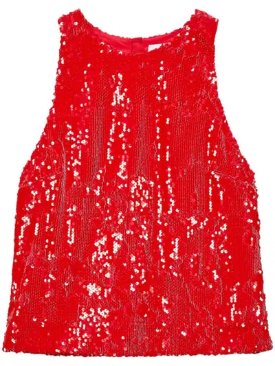 Msgm Cardinal Red Sequin-embellished Sleeveless Top