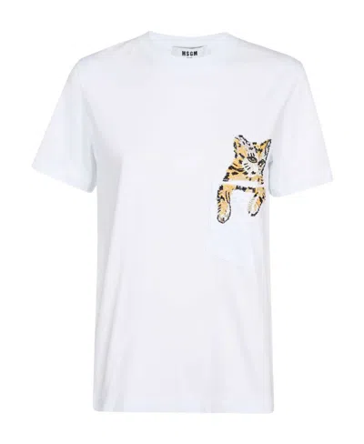 Msgm Cat-embellished Cotton T-shirt In White