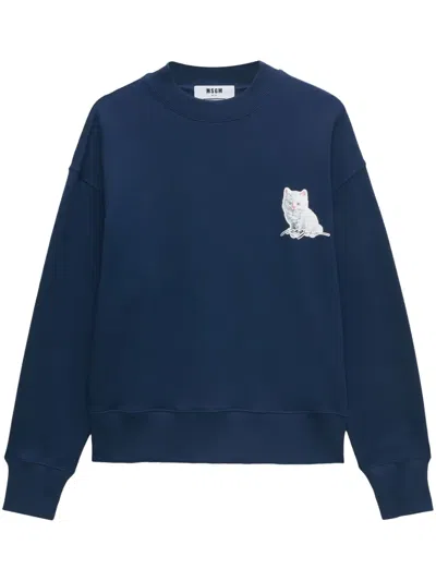 Msgm Cat-print Cotton Sweatshirt In Blue