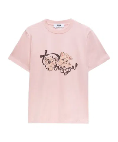 Msgm Cat-print Cotton T-shirt In Pink