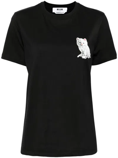 Msgm Cat-print Crew-neck T-shirt In Black