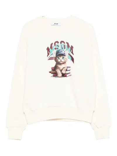 Msgm Kids' Cat-print Sweatshirt In White