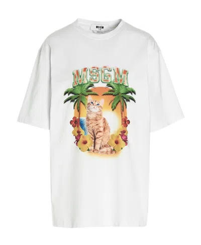 Msgm Cat Printed Crewneck T-shirt In White
