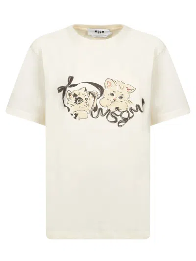 Msgm Cat-print Cotton T-shirt In White