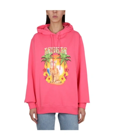 Msgm Cat Printed Drawstring Hoodie In Pink