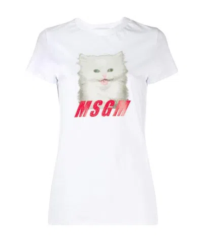 Msgm Cat Printed Logo Short-sleeved T-shirt In White