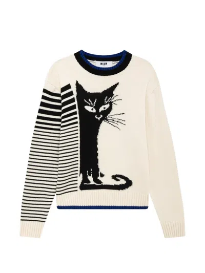 Msgm Cat-intarsia Striped-sleeve Sweater In Neutrals