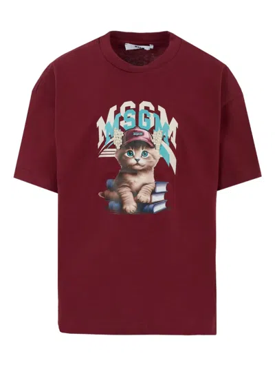 Msgm Kids' Cat-print Pearl-embellished T-shirt In Red