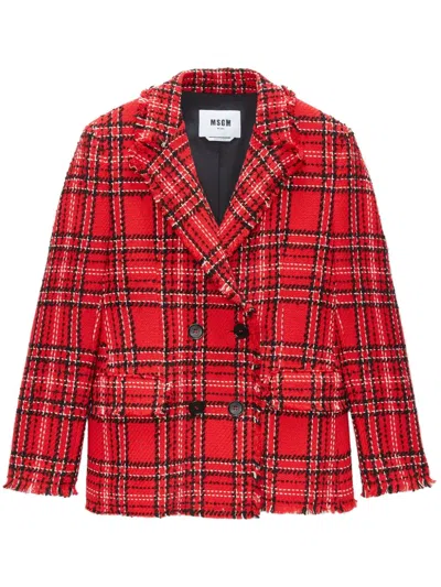 Msgm Check Double-breasted Blazer In Red