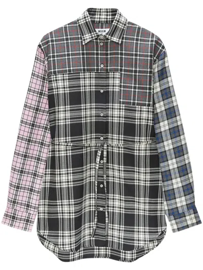 Msgm Check Mini Shirt Dress In Black