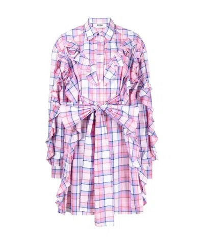 Msgm Check-print Ruffled Shirt Dress In Pink