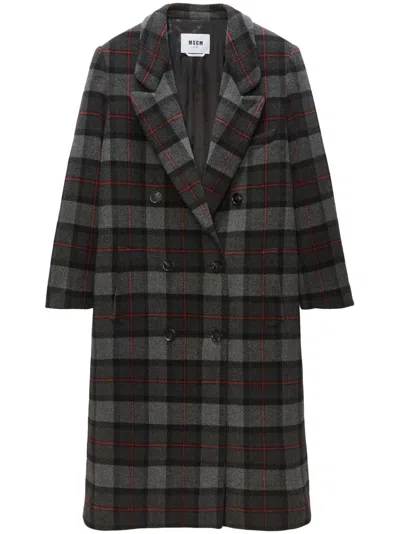 Msgm Checked Double-breasted Coat In Grey