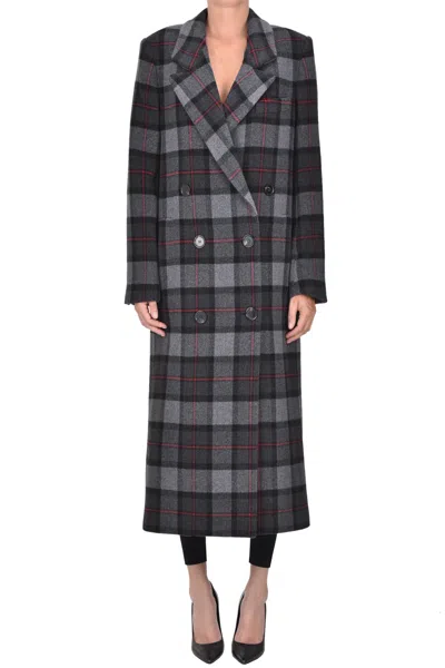 Msgm Checked Print Double-brested Coat In Gray
