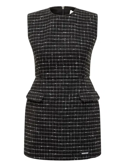 Msgm Checked Embellished Sleeveless Tweed Mini Dress In Blue